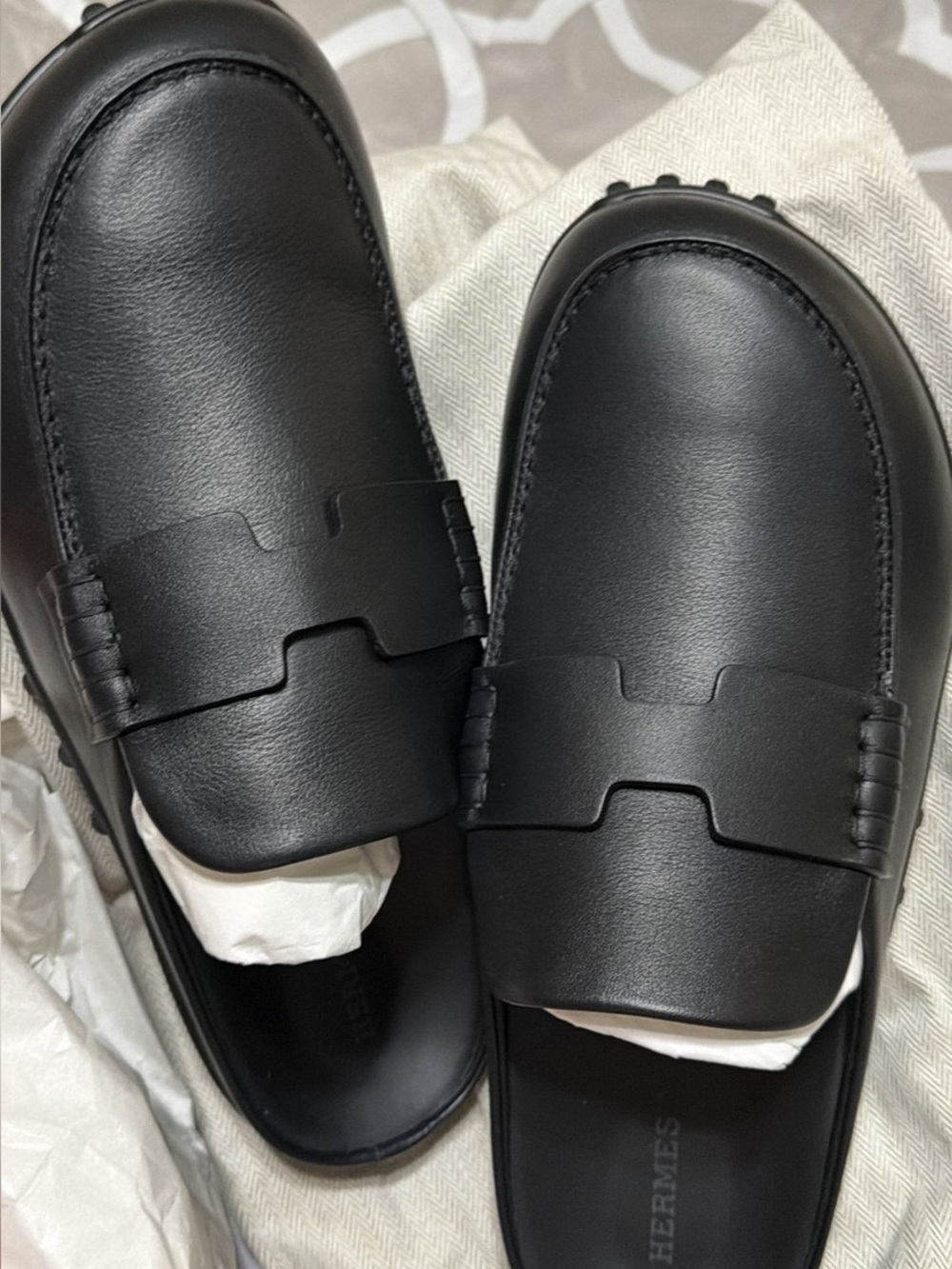 Hermes Black Leather Penny Loafers with Signature Cutout